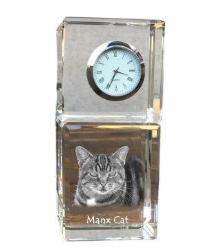 Artdog Manx - kristalna ura s fotografijo, fotografija mačke v kristalu, personalizirana namizna ura Art-Dog