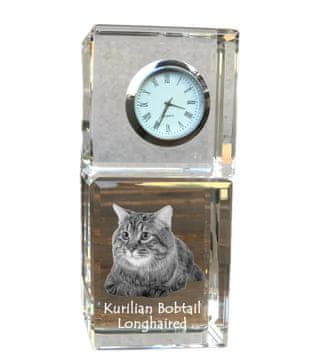 Artdog Kurilski dolgodlaki bobtail - kristalna ura s fotografijo, fotografija mačke v kristalu, personalizirana namizna ura Art-Dog
