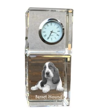 Artdog Basset Hound - kristalna ura s fotografijo, fotografija psa v kristalu, personalizirana namizna ura Art-Dog