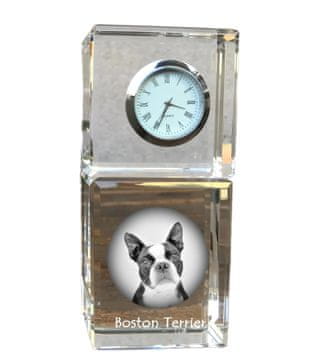 Artdog Bostonski terier, Bostonski bulterier - kristalna ura s fotografijo, fotografija psa v kristalu, personalizirana namizna ura Art-Dog