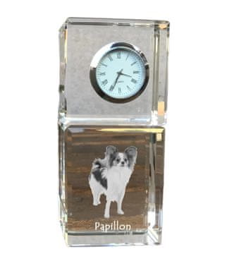 Artdog Papillon, kontinentalni španjel - kristalna ura s fotografijo, fotografija psa v kristalu, personalizirana namizna ura Art-Dog