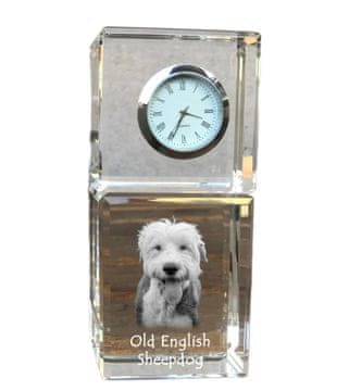 Artdog Old English Sheepdog - kristalna ura s fotografijo, fotografija psa v kristalu, personalizirana namizna ura Art-Dog