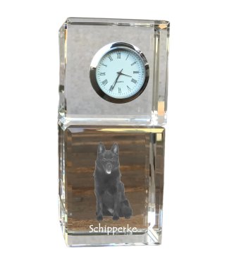 Artdog Schipperke - kristalna ura s fotografijo, fotografija psa v kristalu, personalizirana namizna ura Art-Dog