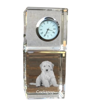 Artdog Cockapoo, Cockerpoo, Spoodle - kristalna ura s fotografijo, fotografija psa v kristalu, personalizirana namizna ura Art-Dog