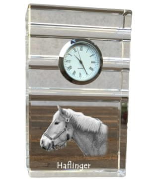 Artdog Haflinger - steklena ura s fotografijo, fotografija konja v kristalu, personalizirana stoječa ura za pisarno Art-Dog