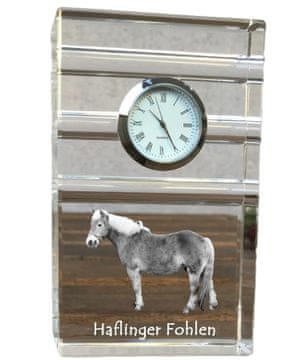 Artdog Haflinger Fohlen - steklena ura s fotografijo, fotografija konja v kristalu, personalizirana stoječa ura za pisarno Art-Dog
