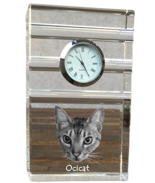 Artdog Ocicat - steklena ura s fotografijo, fotografija mačke v kristalu, personalizirana stoječa ura za pisarno Art-Dog