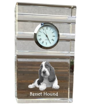 Artdog Basset Hound - steklena ura s fotografijo, fotografija psa v kristalu, personalizirana stoječa ura za pisarno Art-Dog