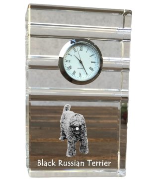 Artdog Ruski črni terier - steklena ura s fotografijo, fotografija psa v kristalu, personalizirana stoječa ura za pisarno Art-Dog