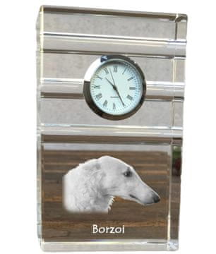 Artdog Ruski Borzoi, Borzoi, Barzoi - steklena ura s fotografijo, fotografija psa v kristalu, personalizirana stoječa ura za pisarno Art-Dog