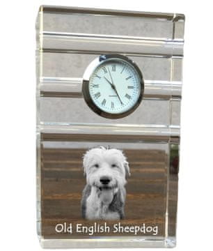 Artdog Old English Sheepdog - steklena ura s fotografijo, fotografija psa v kristalu, personalizirana stoječa ura za pisarno Art-Dog