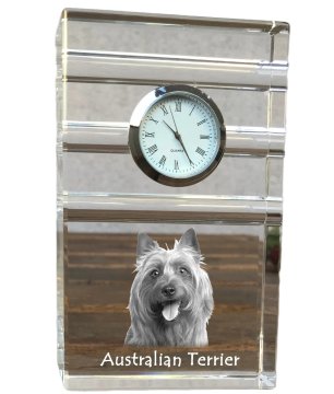 Artdog Avstralski terier, Aussie - steklena ura s fotografijo, fotografija psa v kristalu, personalizirana stoječa ura za pisarno Art-Dog