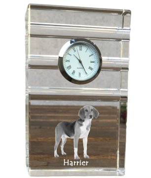 Artdog Harrier - steklena ura s fotografijo, fotografija psa v kristalu, personalizirana stoječa ura za pisarno Art-Dog