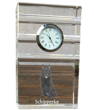 Artdog Schipperke - steklena ura s fotografijo, fotografija psa v kristalu, personalizirana stoječa ura za pisarno Art-Dog