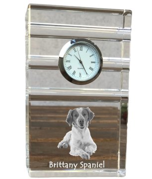 Artdog Brittany Spaniel, Epagneul Breton - steklena ura s fotografijo, fotografija psa v kristalu, personalizirana stoječa ura za pisarno Art-Dog