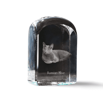 Artdog Ruska modra mačka - kristalna kocka s fotografijo, fotografija mačke v kristalu, kubični obtežilnik za papir Art-Dog