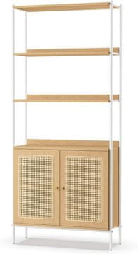 shumee VASAGLE 6-nadstropni regal, visoki regal, samostoječi regal, vrata v imitaciji ratana, stil boho, kovinsko ogrodje, nastavljiv regal, za dnevno sobo, bež-biserno beli hrast LLS124W57