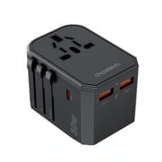 Choetech Univerzalni potovalni polnilnik USB-C 2x USB-A PD 30W vtičnice ZDA EU UK AU črn