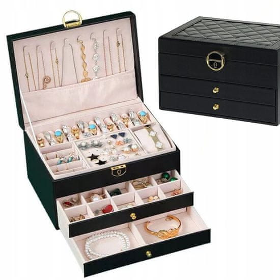 Korbi Škatla organizator za nakit, elegantna prešita s predali, črna F44