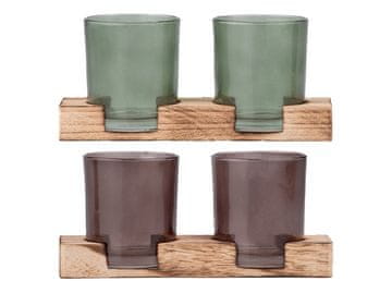 Komplet steklenih svečnikov 2 kosa 190x70x90 mm na lesenem pladnju, mešanica barv