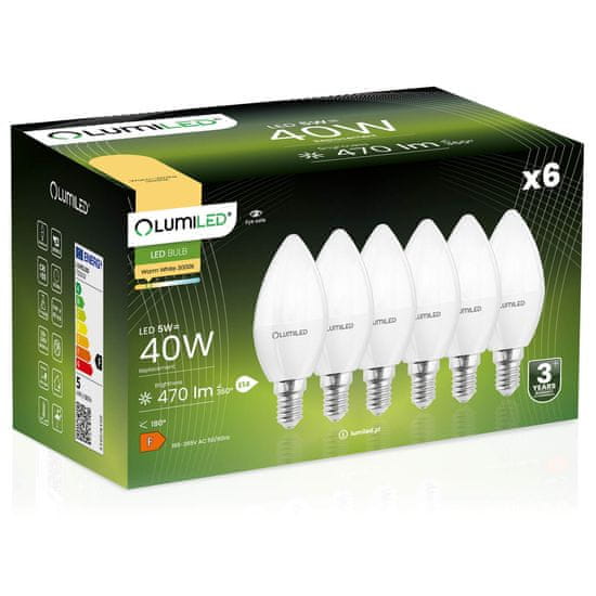 LUMILED 6x LED žarnica E14 B35 5W = 40W 470lm 3000K Toplo bela 180°