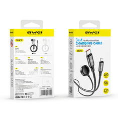 Awei W23, 2×USB-C, 5A, 2 m, črn, polnilni kabel 3v1