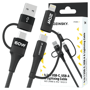 WOZINSKY WNBAA 4v1 kabel 2x USB-C 1x USB-A 1x Lightning 60W 1 m - črn