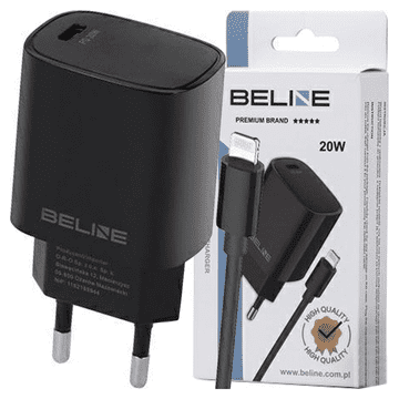 1 to 3 POLNILNIK BELINE 1X USB-C 20W + LIGHTNING KABEL ČRN/ČRN PD 3.0 BLNCB20L
