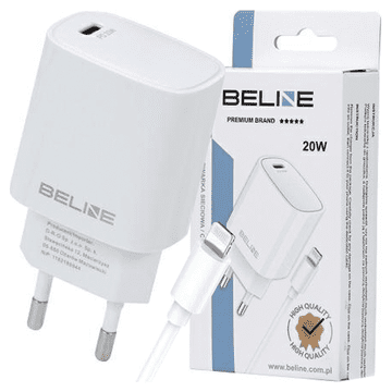 shumee Beline 1x USB-C 20W stenski polnilnik + Lightning kabel bele barve PD3.0 BLNCW20L