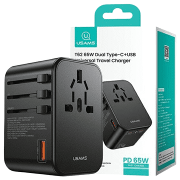 USAMS USAMS omrežni adapter 1xUSB+2xUSB-C T62 65W 4v1 US/AU/EU/UK črn/črn CC199TC01 (US-CC199) univerzalni potovalni polnilnik