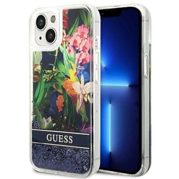 Guess Guess GUHCP14SLFLSB trdi ovitek za iPhone 14 / 15 / 13 6.1 modro/modro z bleščicami in cvetličnim vzorcem
