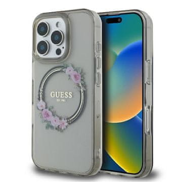 Guess Ovitek Guess MagSafe za iPhone 16 Pro Max, črn, z vzorcem cvetja