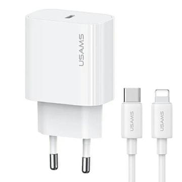 shumee 20W USAMS Power Delivery USB-C stenski polnilnik bele barve + 1m kabel USB-C na Lightning