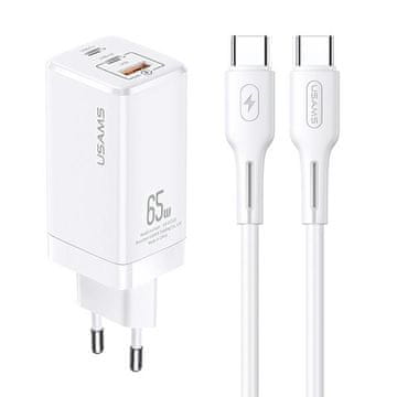 shumee 65W USAMS GaN napajalnik 2xUSB-C/USB stenski polnilnik bele barve