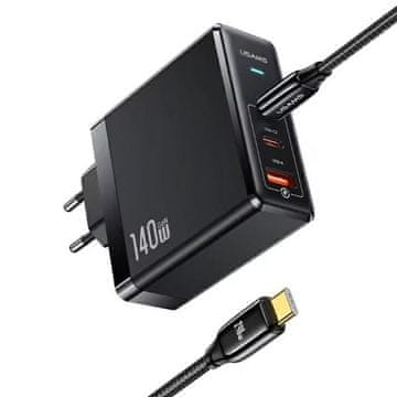 shumee Omrežni polnilnik USAMS 2xUSB-C + 1xUSB T52 PD140W PD hitro polnjenje US-CC168 + U82 USB-C/USB-C kabel US-SJ581 240W črna/črna serija UM UMXLOGTC01