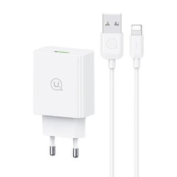 shumee 18W USAMS stenski polnilnik s hitrim polnjenjem, USB-A, bel + kabel Lightning