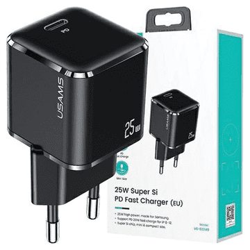USAMS Polnilnik Usams 1xUSB-C T42 mini 25W (samo glava) Super SI 5V-3A PD3.0 hitro polnjenje črna/črna CC140TC01 (US-CC140)