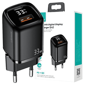 USAMS USAMS Lad. omrežje. 1xUSB-C+1xUSB T46 33W (samo glava) PD3.0 +QC3.0 hitro polnjenje črna/črna CC152TC01 (US-CC152)