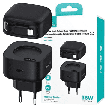 USAMS Usams Lad. omrežje. 1xUSB-C z zložljivim kablom Lightning zložljivi PD+QC 35W Gan hitro polnjenje črno/črno XMF serija CC209TC01 (US-CC209)