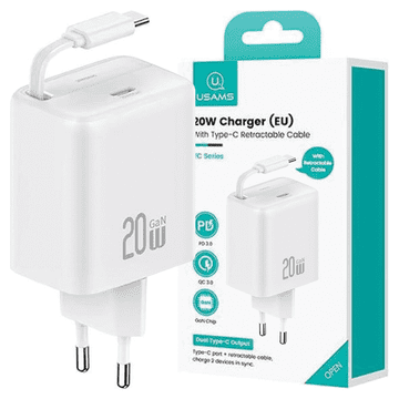 USAMS Usams 1xUSB-C omrežni polnilnik z zložljivim kablom USB-C PD+QC 20W Gan hitro polnjenje bele barve YC serija CC233TC02 (US-CC233)