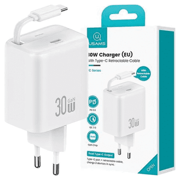 1 to 3 Usams Stenski Polnilec Izvlečni Kabel Usb-C Za Iphone 30W Pd Qc