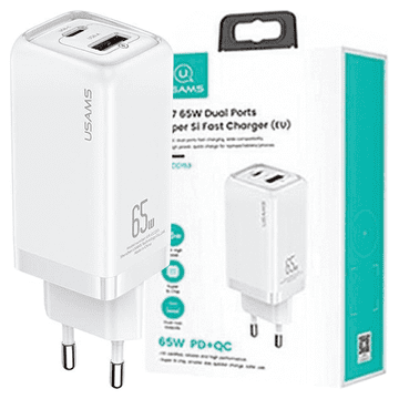 USAMS Polnilnik Usams 1xUSB-C + 1xUSB T47 65W (samo glava) PD hitro polnjenje Super Si bela/bela CC153TC02 (US-CC153)