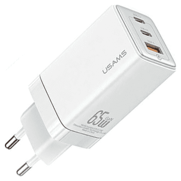 USAMS USAMS omrežni polnilnik 2xUSB-C + 1xUSB 65W (samo glava) GaN PD3.0 + QC3.0 hitro polnjenje bel Sandru serija CC180TC02 (US-CC180)