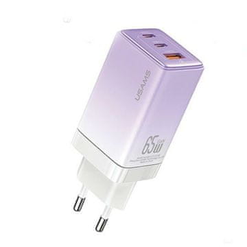 shumee 65W USAMS GaN Power Delivery stenski polnilnik USB-C/USB-A vijoličen