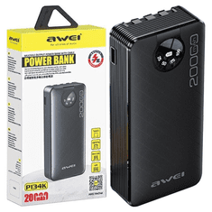 Awei Awei PowerBank P134K 20000mAh črn zaslon + kabli USB/PD/Lightning/MicroUSB