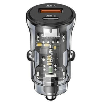 shumee 30W USAMS avtomobilski polnilnik s hitrim polnjenjem USB-C/USB črne barve