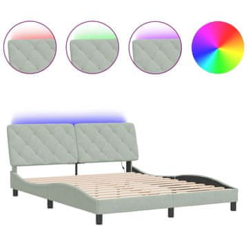 Vidaxl Posteljni okvir z LED brez vzmetnice svetlo siv 160x200 cm žamet