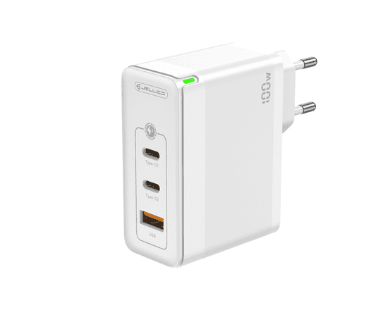 Jellico Hišni adapter C118 220V Gun QC 100W vhod 1x USB A (22,5W) in 2x Type C (1x 65W + 1x 35W) - bel