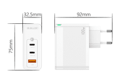 Jellico Hišni adapter C118 220V Gun QC 100W vhod 1x USB A (22,5W) in 2x Type C (1x 65W + 1x 35W) - bel