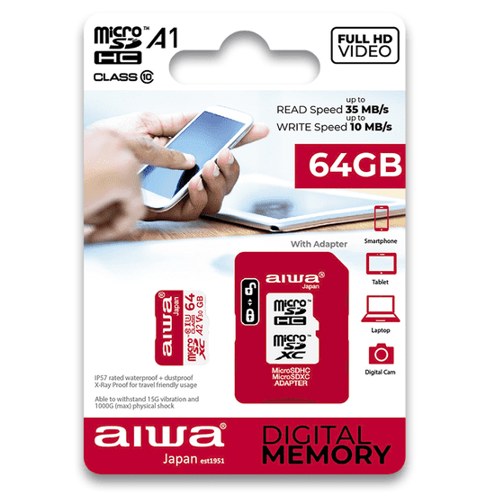 AIWA Spominska kartica MicroSD XC 64GB Class 10, 35MB/s z adapterjem SD